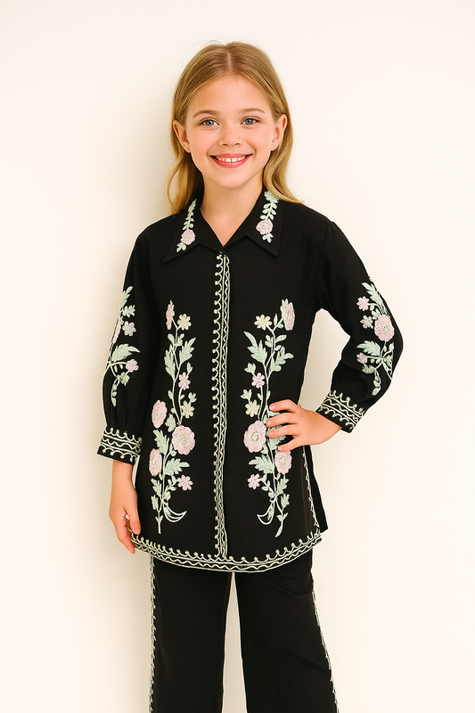 Cotton Embroidery kurti Set 1298 Black