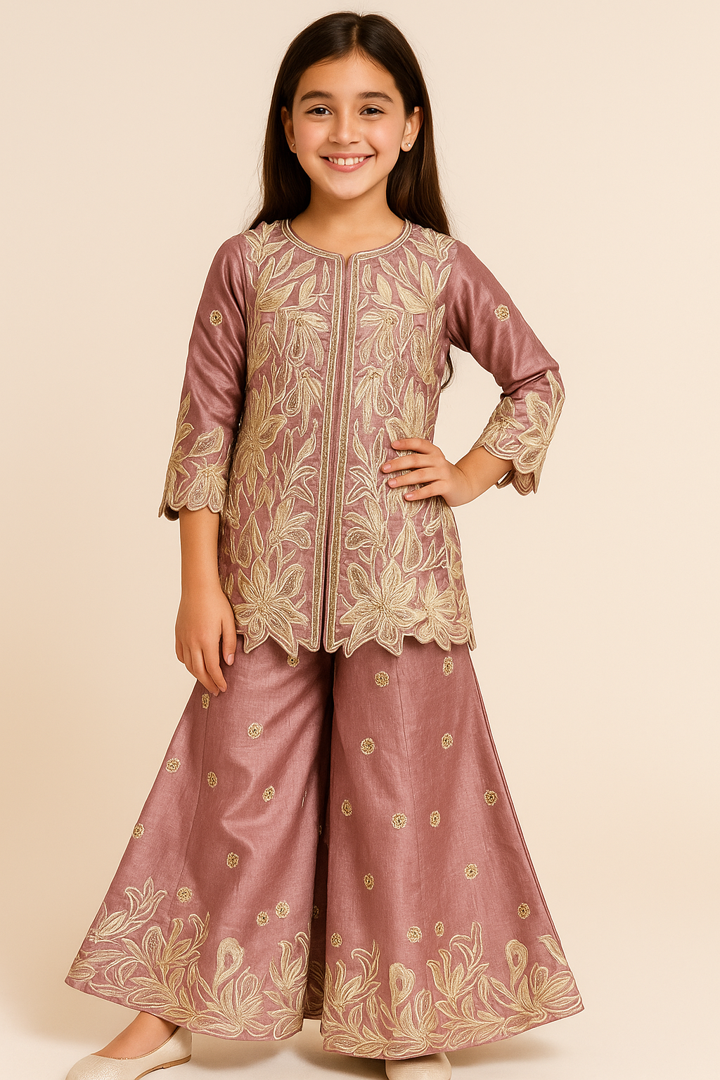 Georgette Flower Embroidery Plazo Kurti Set 4508 Pink