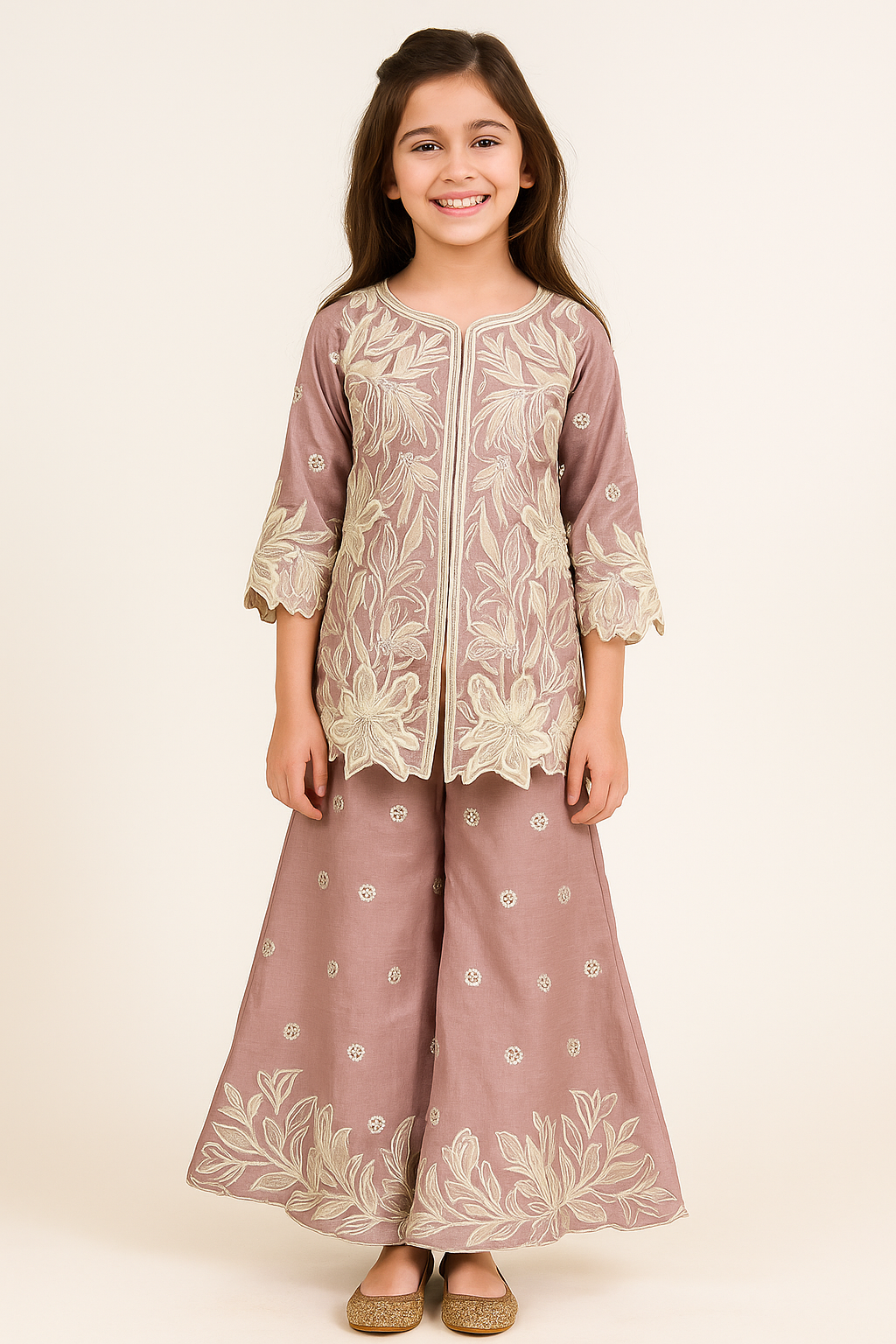 Georgette Flower Embroidery Plazo Kurti Set 4508 Pink