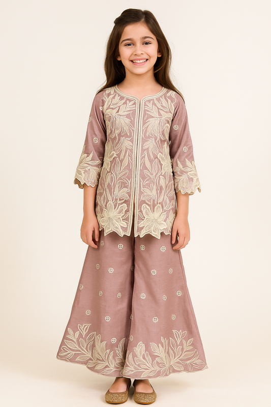 Georgette Flower Embroidery Plazo Kurti Set 4508 Pink