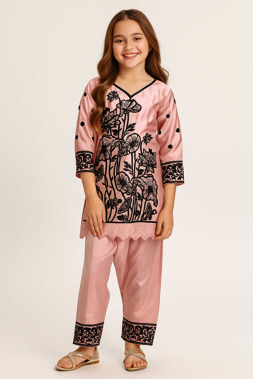 Satin Embroidery Kurti Pant Set 4681 Pink