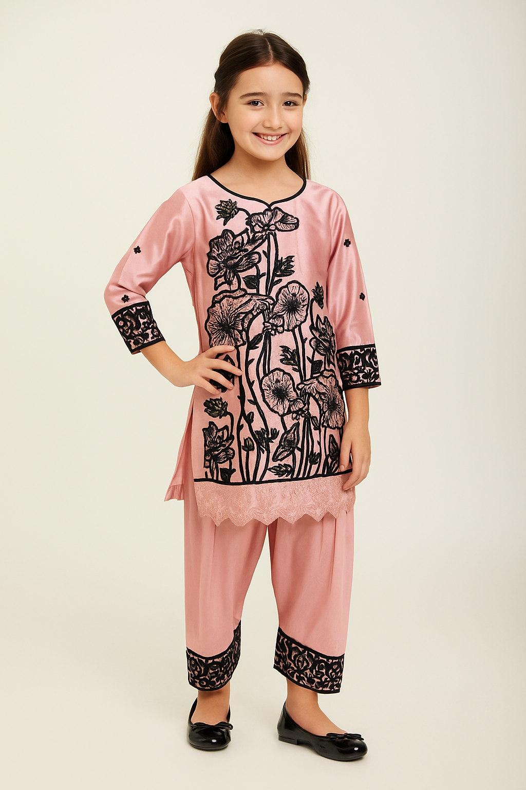 Satin Embroidery Kurti Pant Set 4681 Pink