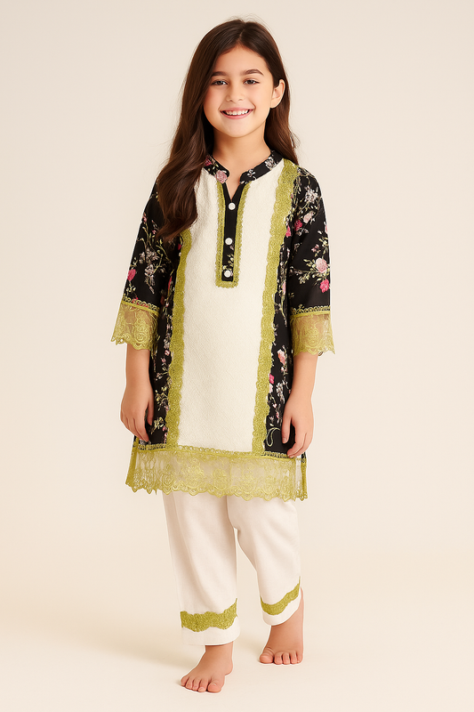 Cotton Embroidery Kurti Set 1299 Black & Green
