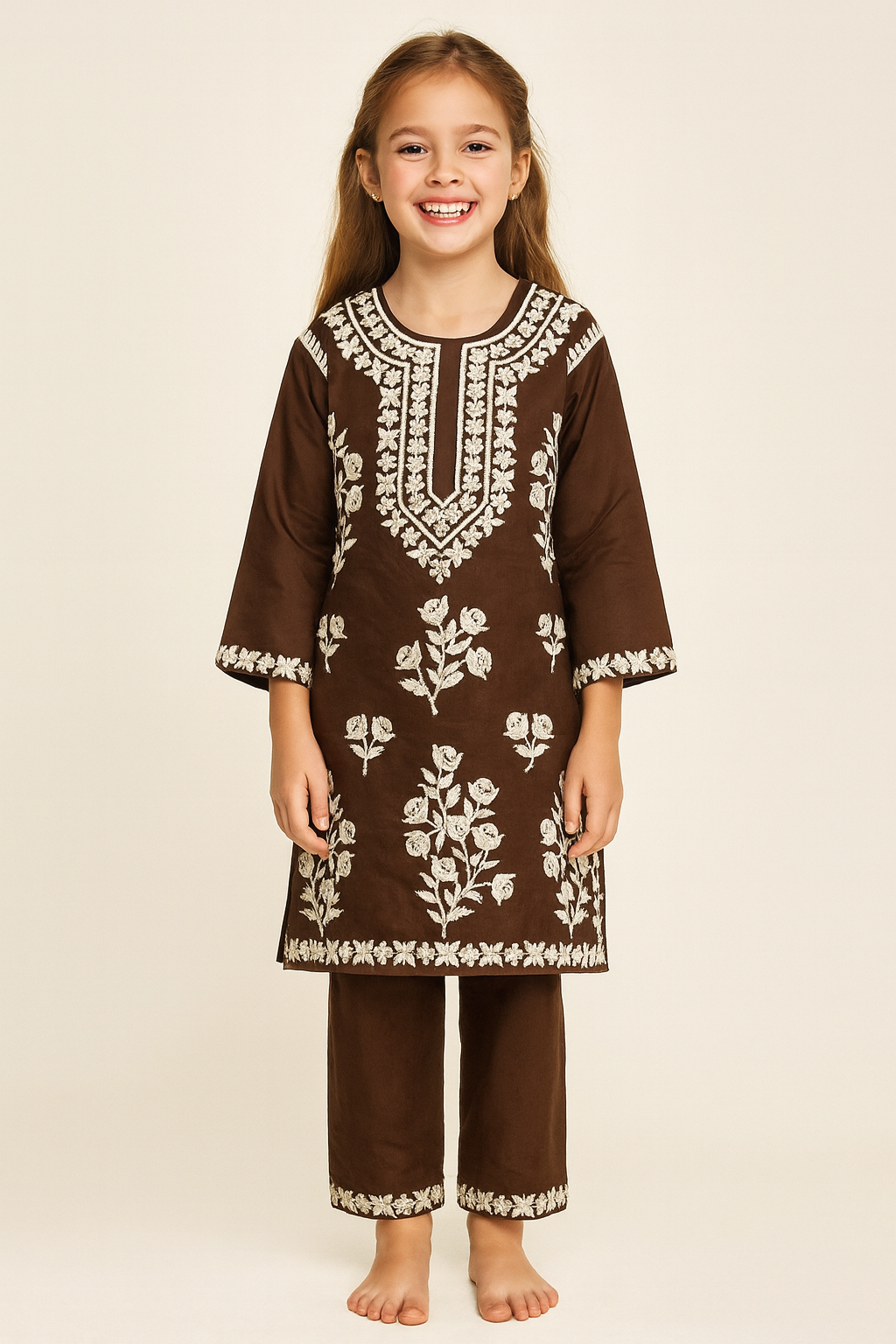 Cotton Embroidery Kurti Set 1300 Coffee