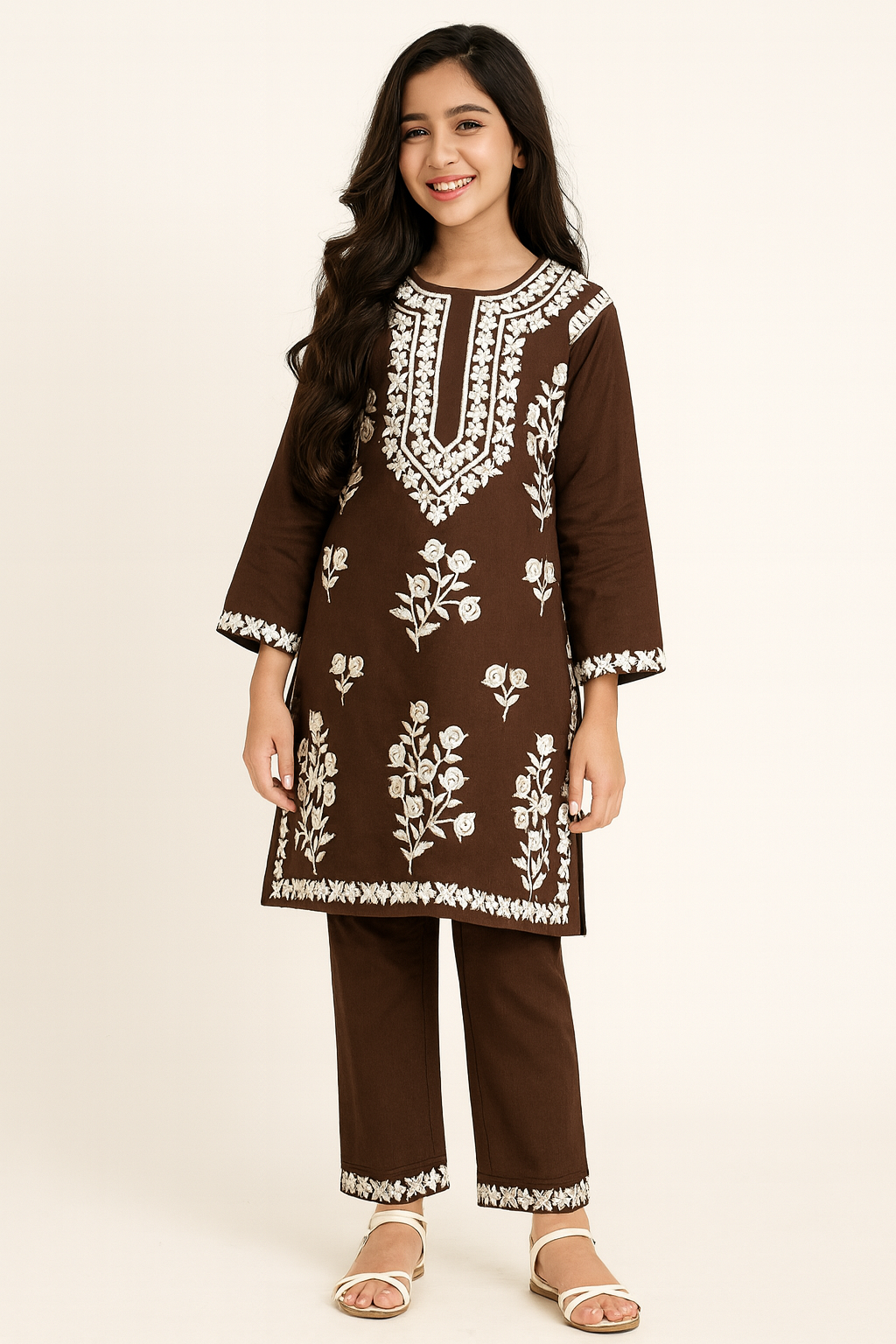 Cotton Embroidery Kurti Set 1300 Coffee