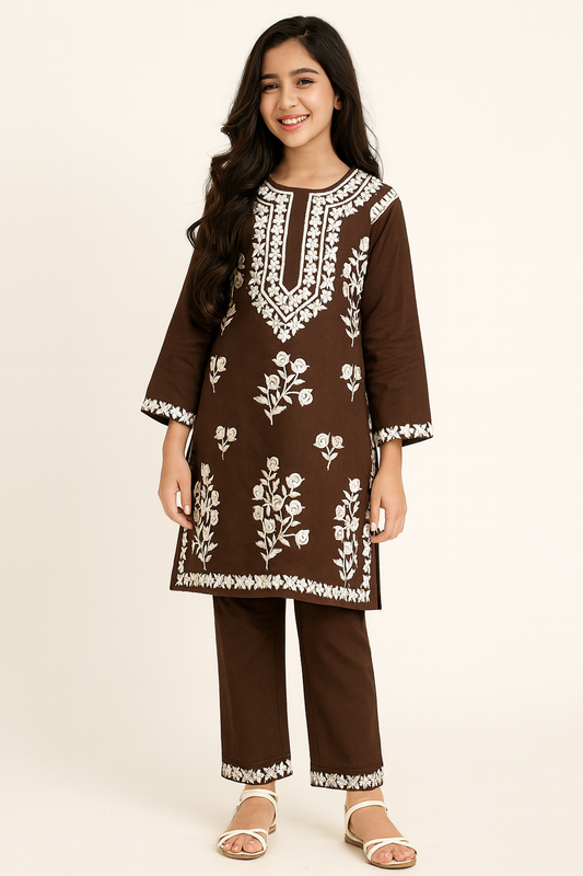 Cotton Embroidery Kurti Set 1300 Coffee