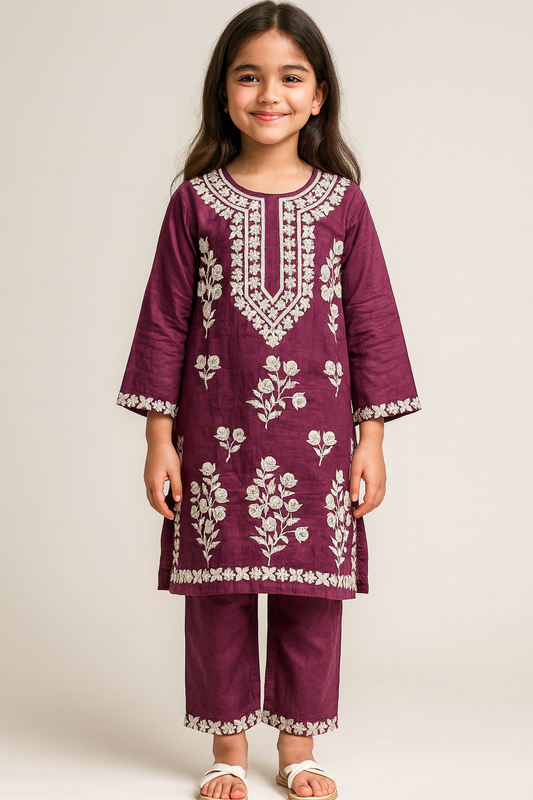 Cotton Embroidery Kurti Set 1301 Purple