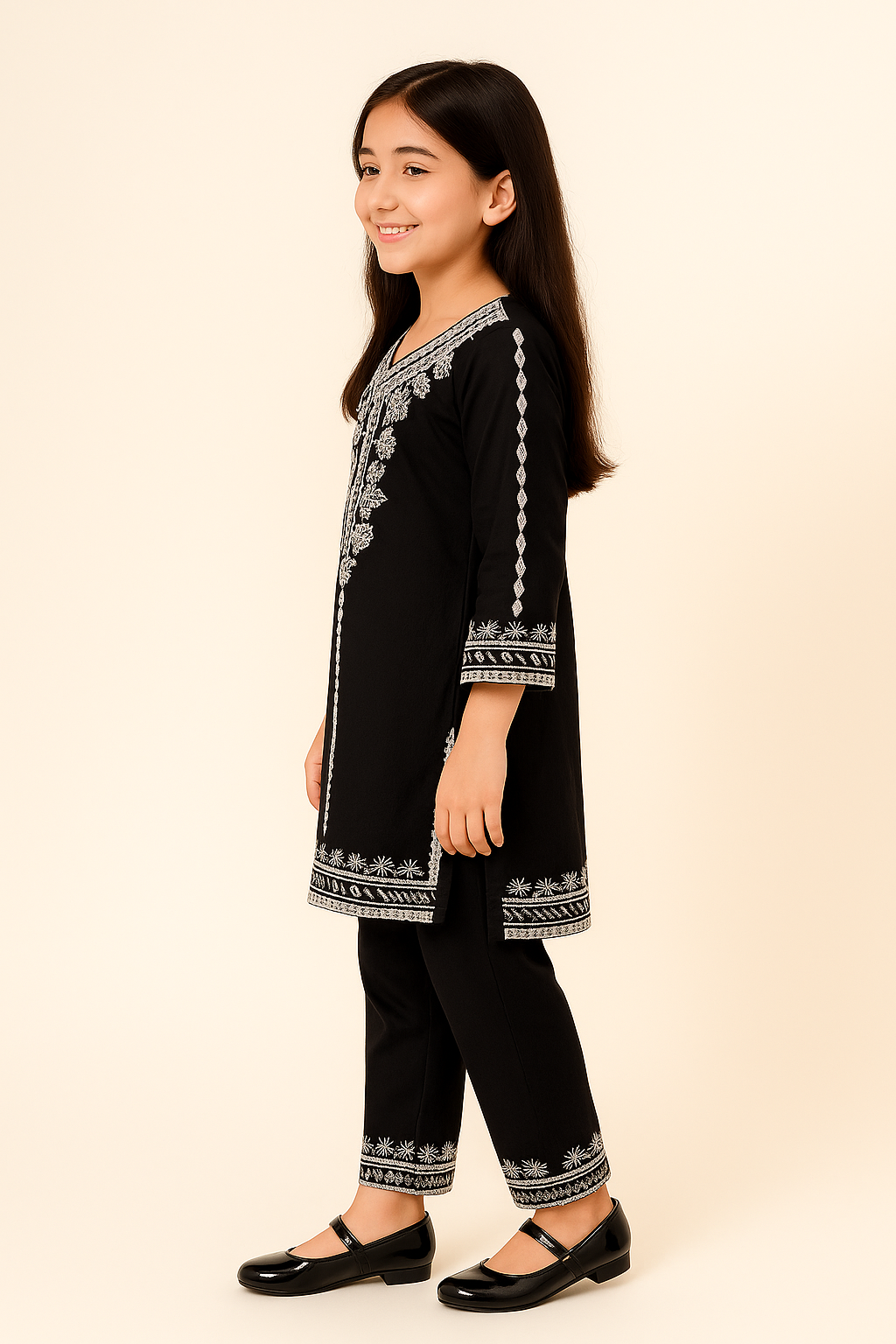 Cotton Embroidery Kurti Set 1302 Black