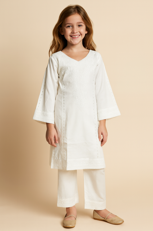Cotton Embroidery Kurti Set 1303 White