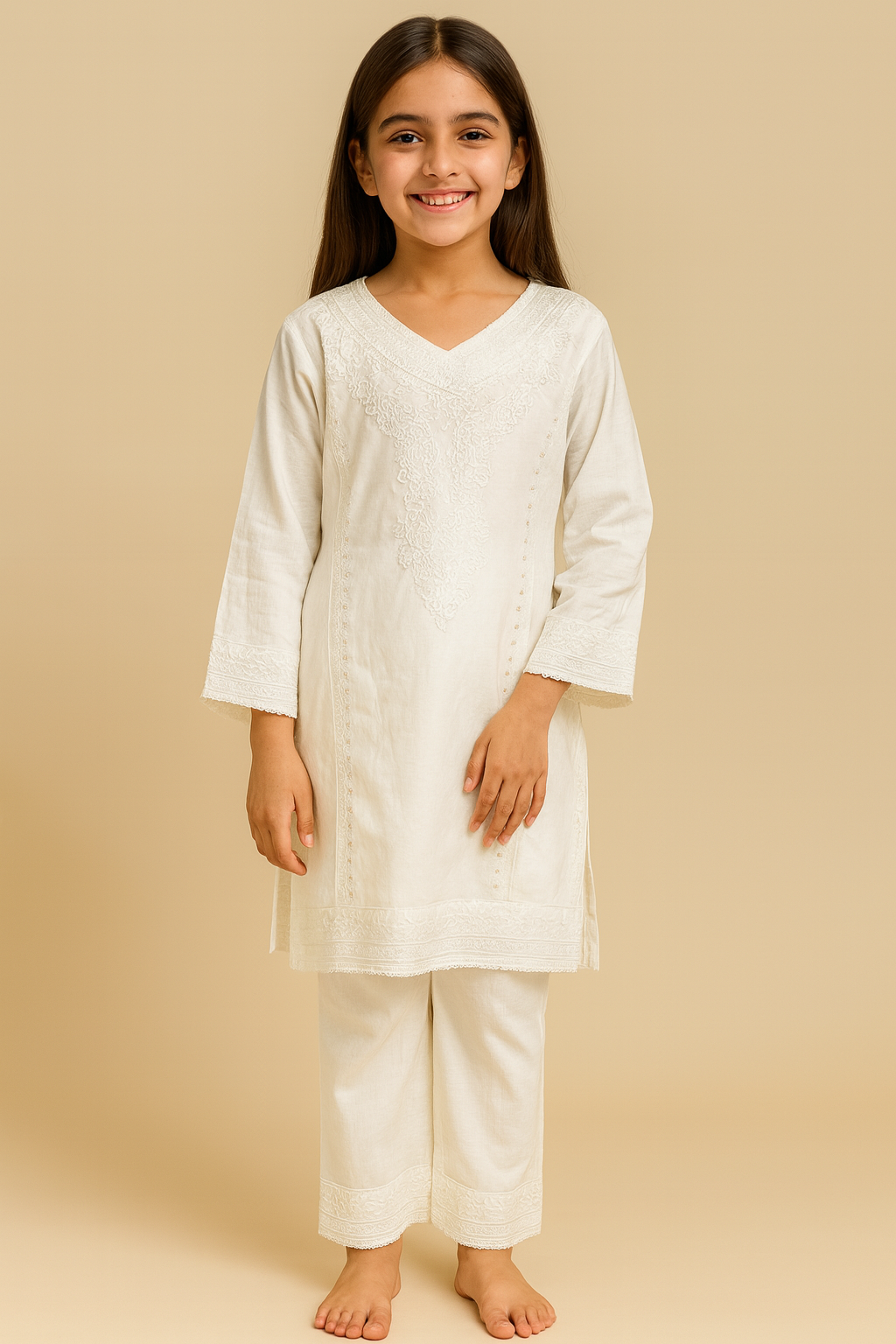 Cotton Embroidery Kurti Set 1303 White