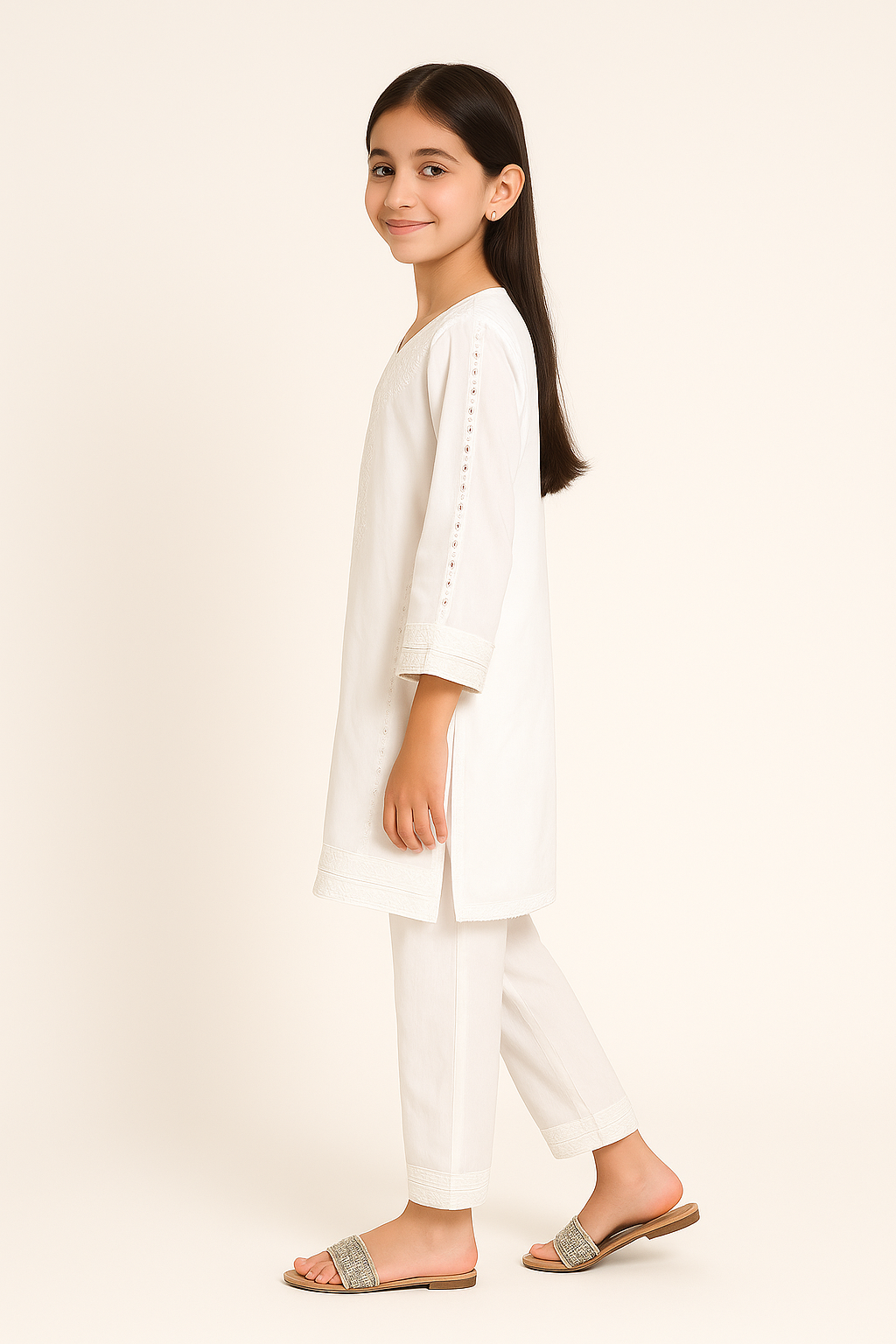 Cotton Embroidery Kurti Set 1303 White