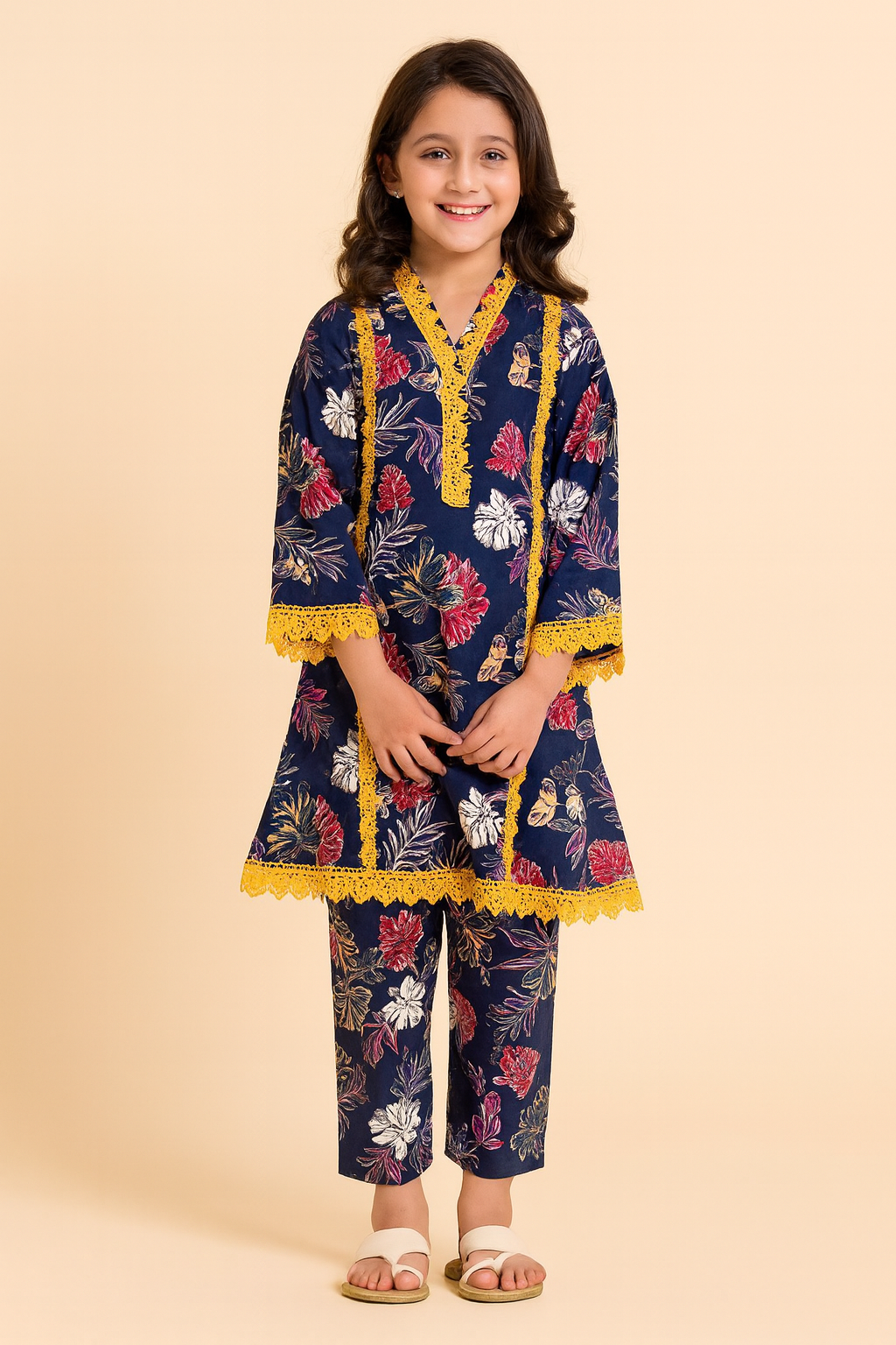 Cotton Printed Lace Work Frock Set 1305 Blue