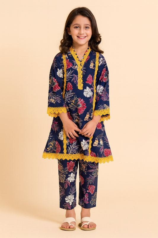 Cotton Printed Lace Work Frock Set 1305 Blue