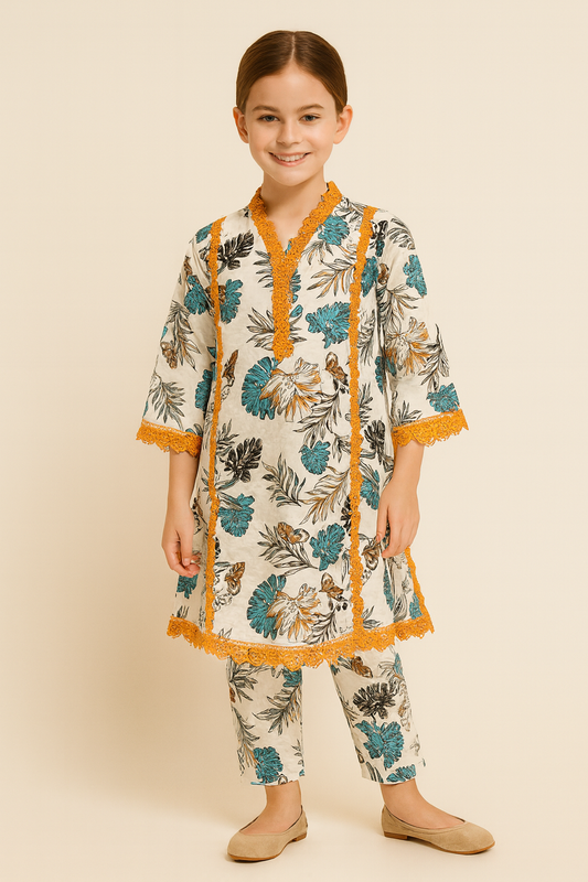 Cotton Printed Lace Work Frock Set 1306 White