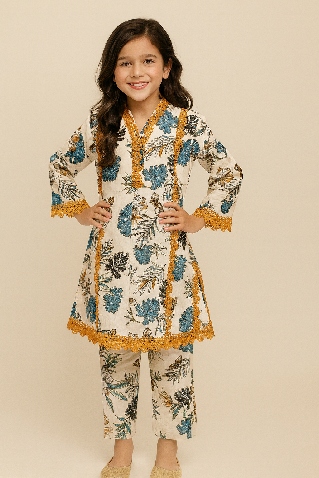 Cotton Printed Lace Work Frock Set 1306 White