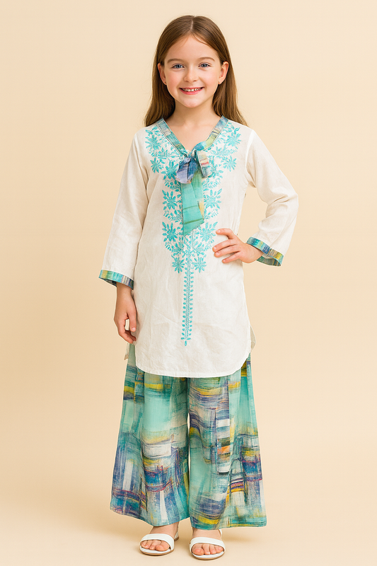 Cotton Embroidery Plazo Set 1307 White & Blue