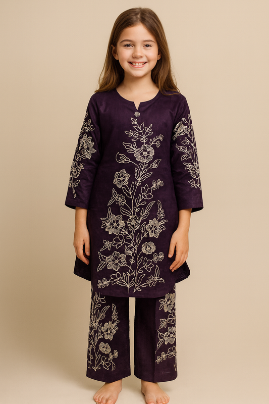 Cotton Embroidery Kurti Set 1310 Wine