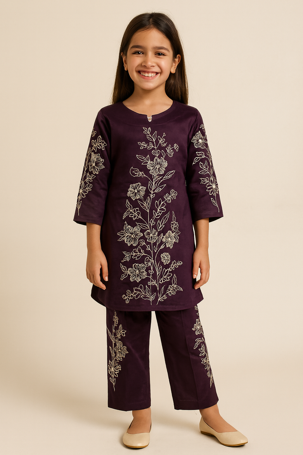 Cotton Embroidery Kurti Set 1310 Wine