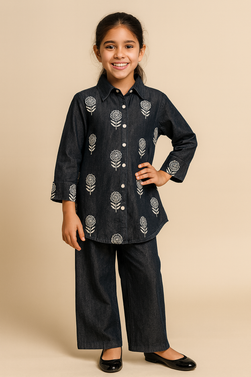 Cotton Embroidery Denim Cord Set 1312 Black