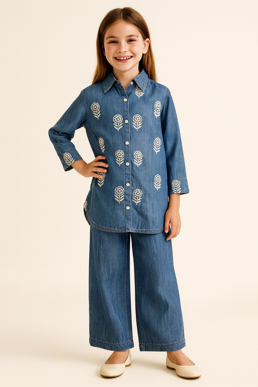 Cotton Embroidery Denim Cord Set 1313 Blue