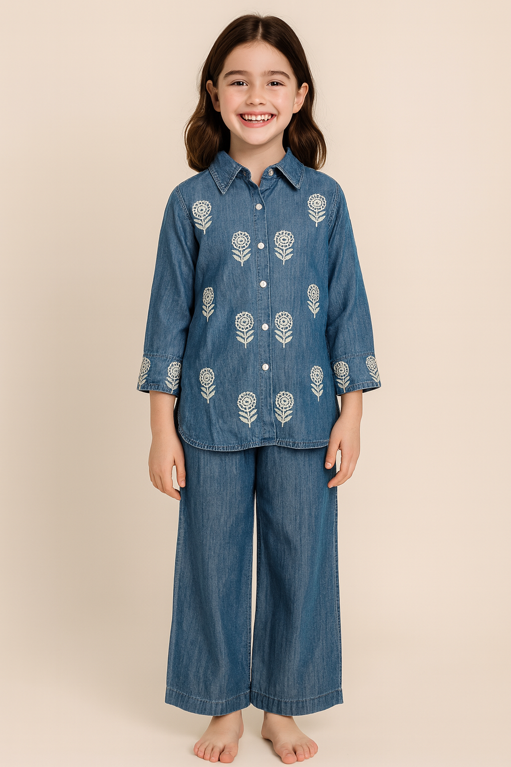 Cotton Embroidery Denim Cord Set 1313 Blue