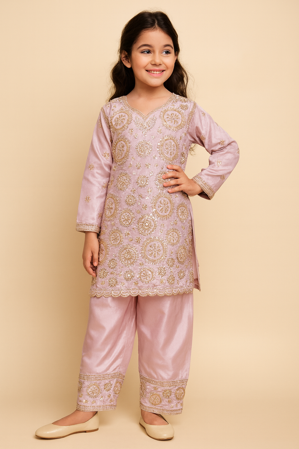 Georgette Bids Hand Work Kurti Set 5318 Pink
