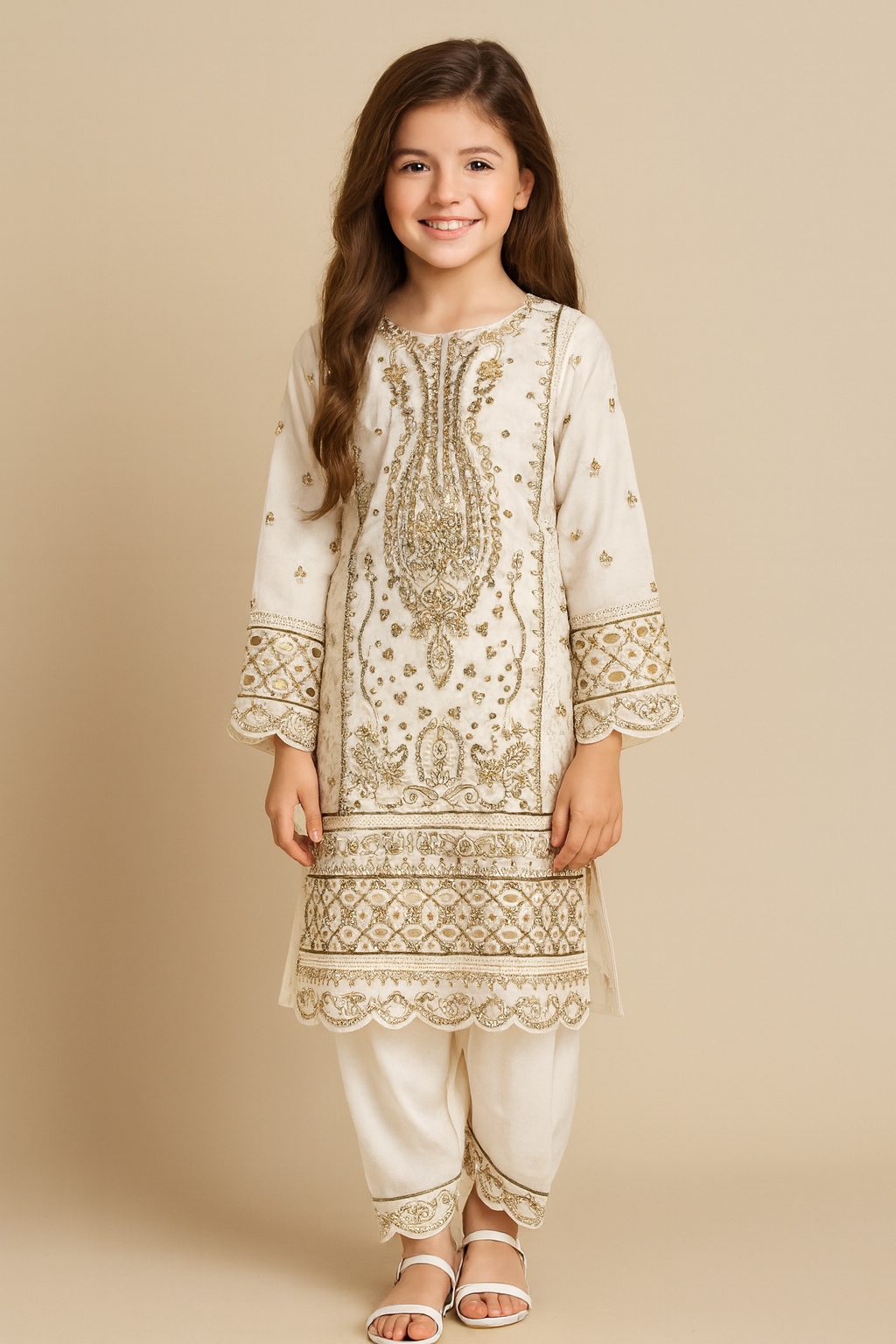 Georgette Hand Work Kurti Salwar Set 1406 Cream