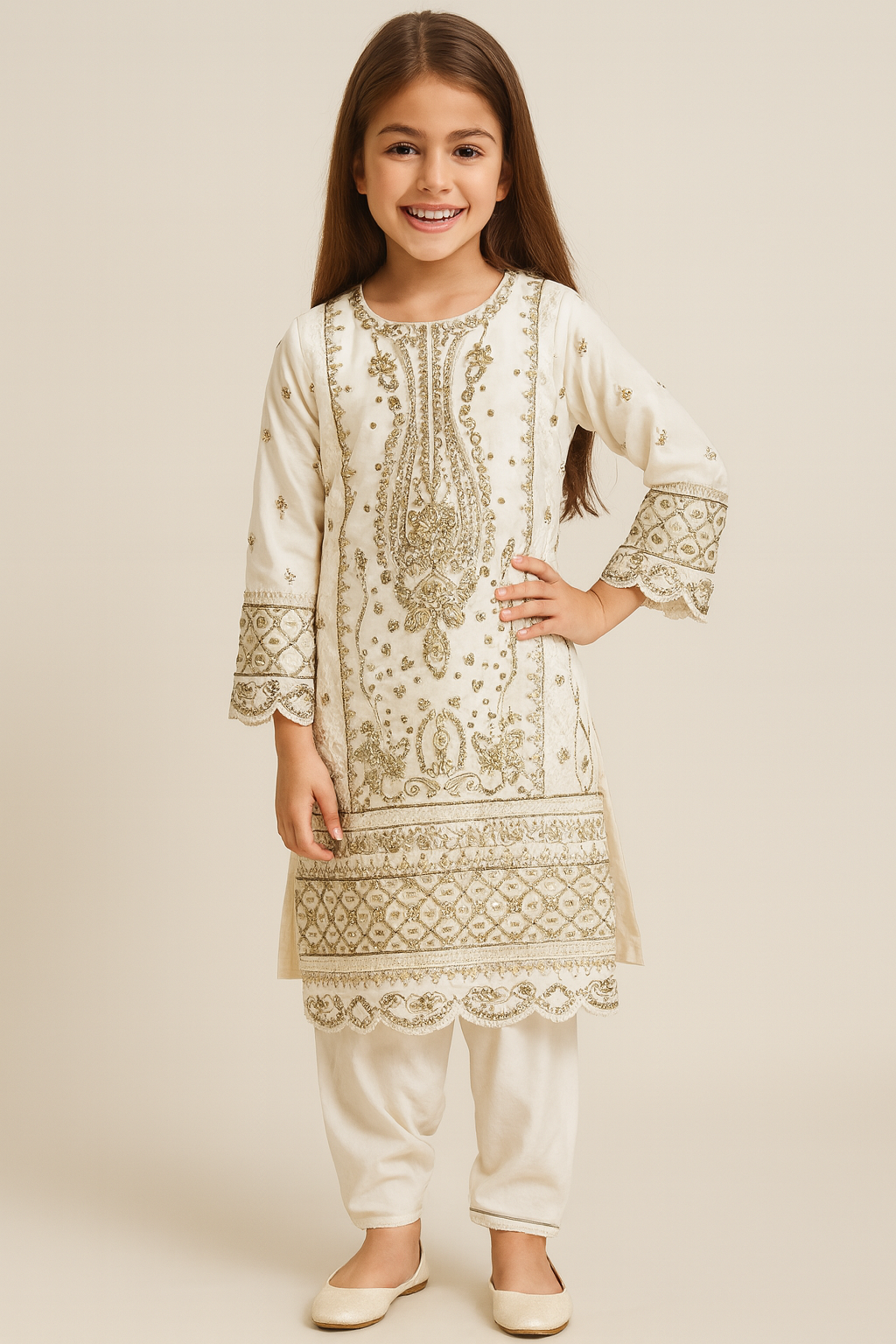 Georgette Hand Work Kurti Salwar Set 1406 Cream