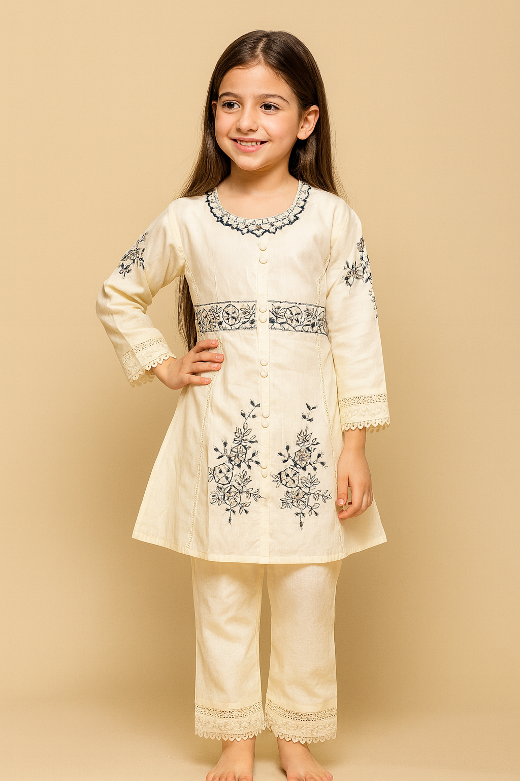 Cotton Embroidery Kurti Set With Dupatta 1316 White