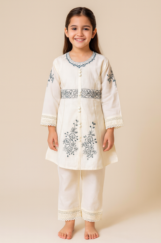 Cotton Embroidery Kurti Set With Dupatta 1316 White