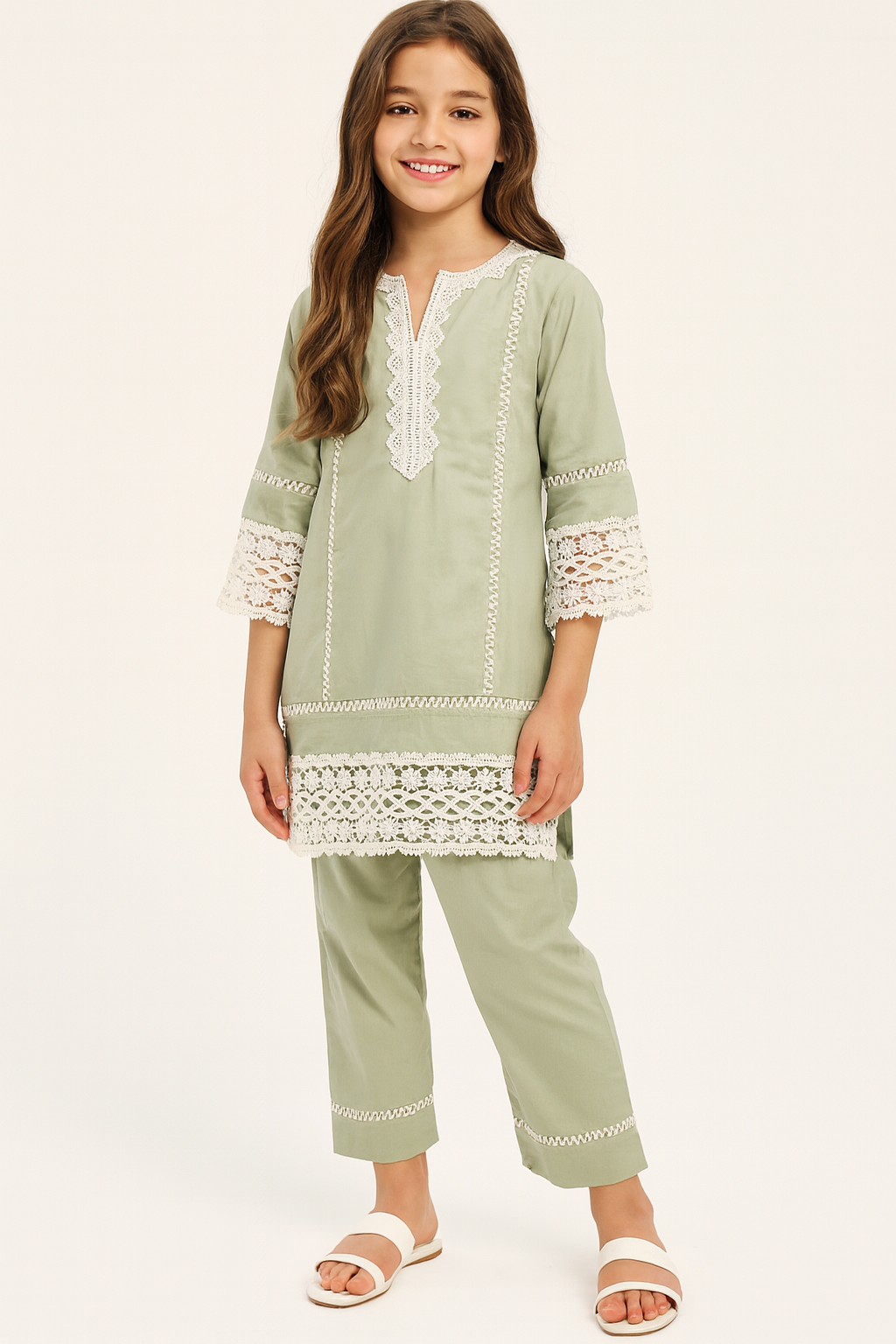 Cotton Lace Work Kurti Set 1318 Green