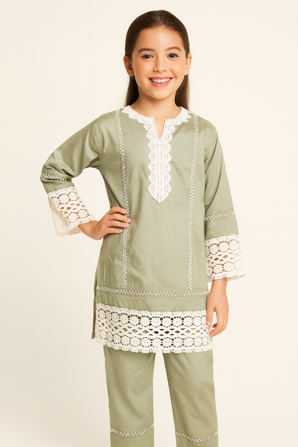 Cotton Lace Work Kurti Set 1318 Green