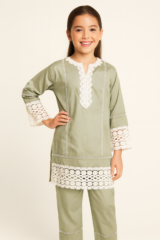 Cotton Lace Work Kurti Set 1318 Green