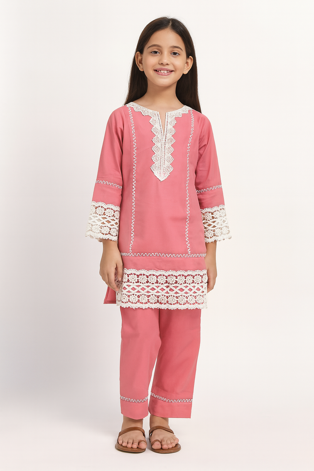 Cotton Lace Work Kurti Set 1317 Pink