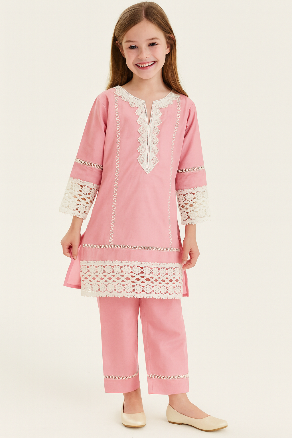 Cotton Lace Work Kurti Set 1317 Pink