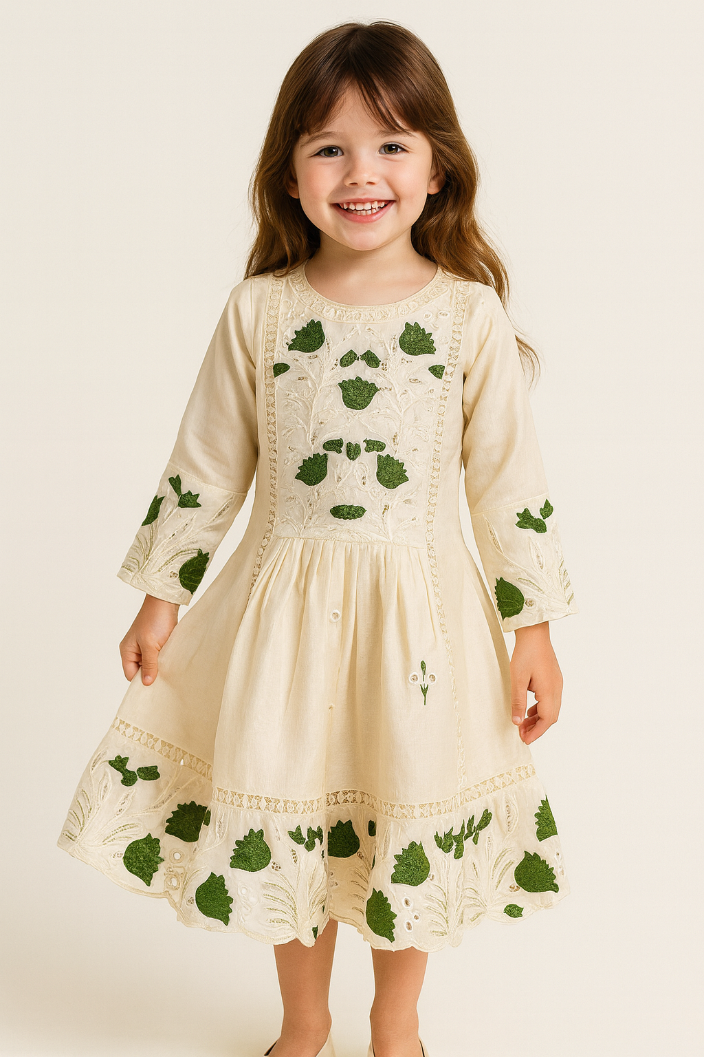 Cotton Embroidery Gown With Pants And Dupatta 7051 Cream