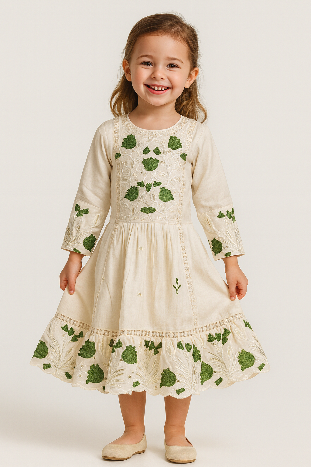 Cotton Embroidery Gown With Pants And Dupatta 7051 Cream