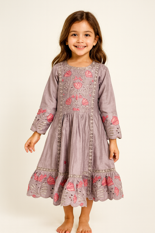 Cotton Embroidery Gown With Pants And Dupatta 7051 Purple