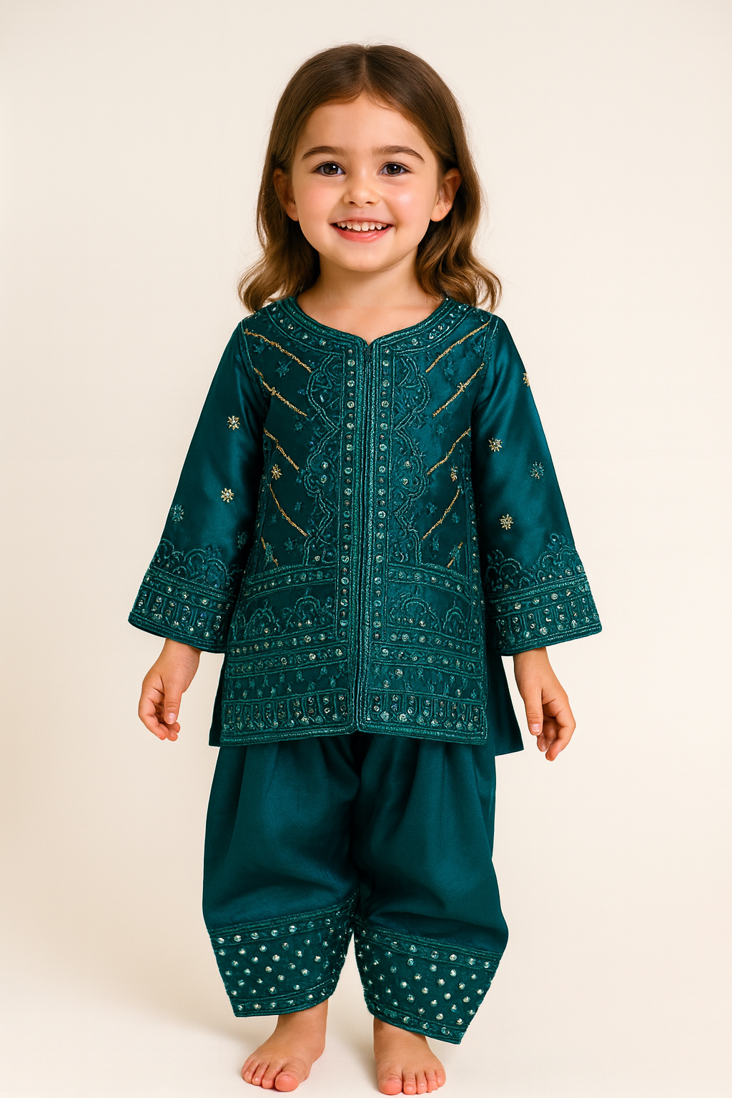 Satin Embroidery Farshi Salwar Set 4702 Green