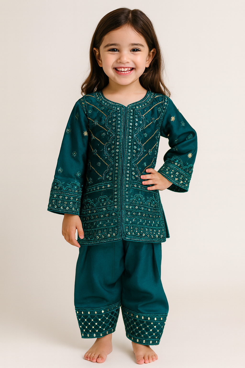 Satin Embroidery Farshi Salwar Set 4702 Green