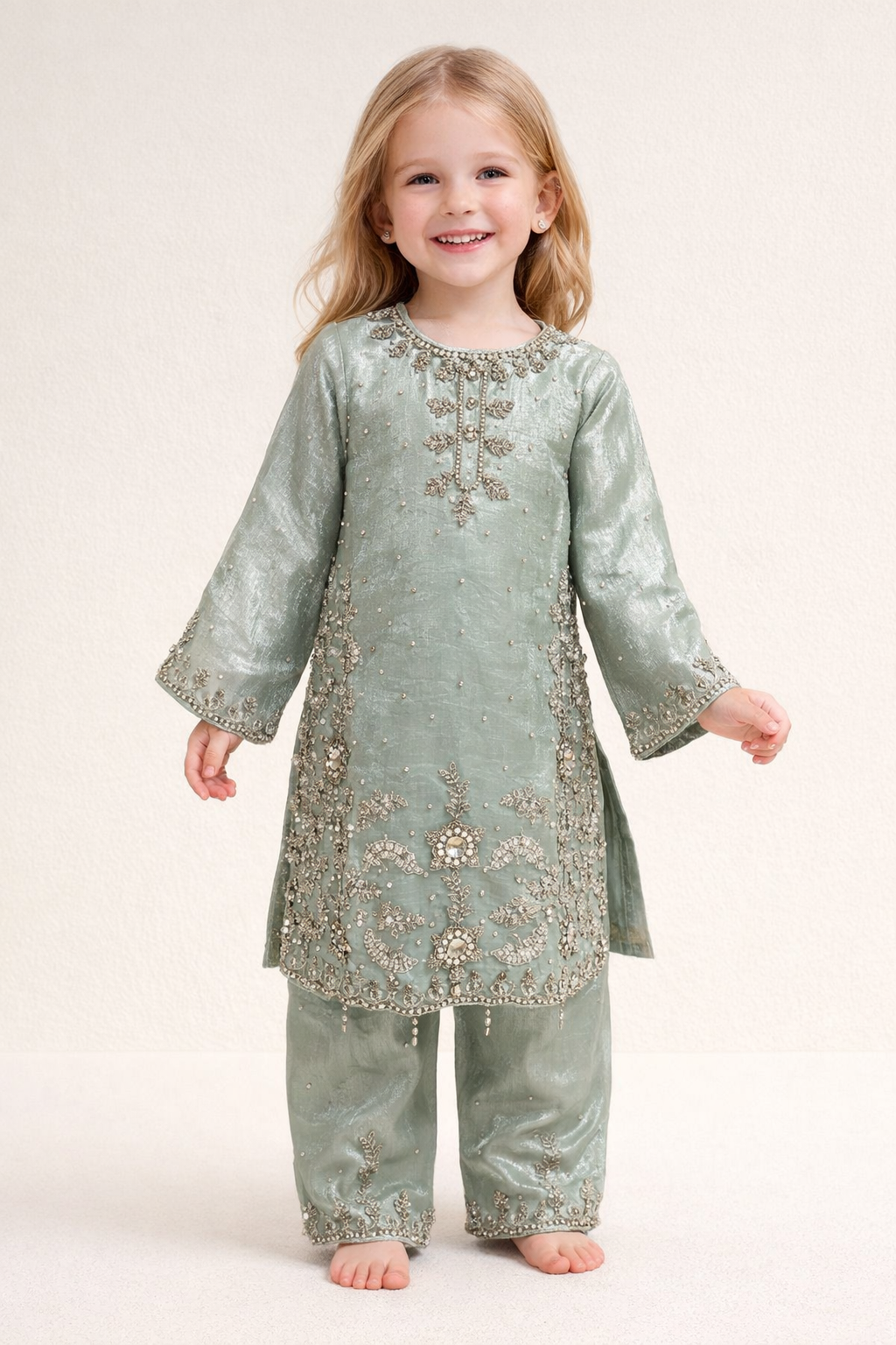 Satin Stone Work Kurti set 4782 Green