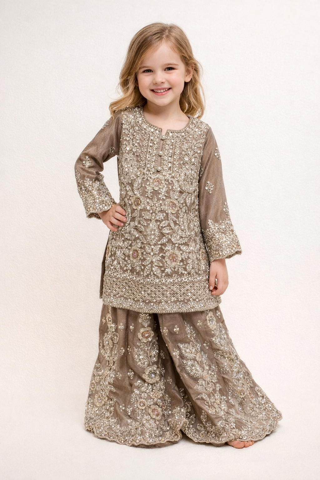 Georgette Embroidery Kurti Plazo Set 1004 Beige