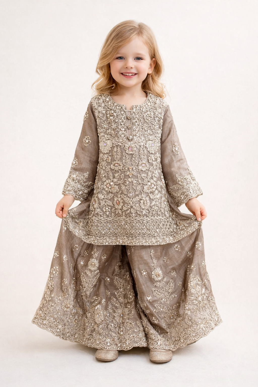 Georgette Embroidery Kurti Plazo Set 1004 Beige