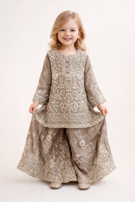 Georgette Embroidery Kurti Plazo Set 1004 Beige