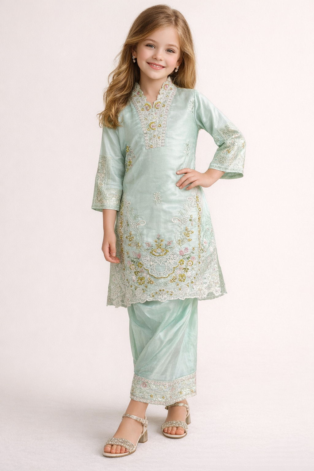 Cotton Embroidery Kurti Salwar Set 8076 Blue