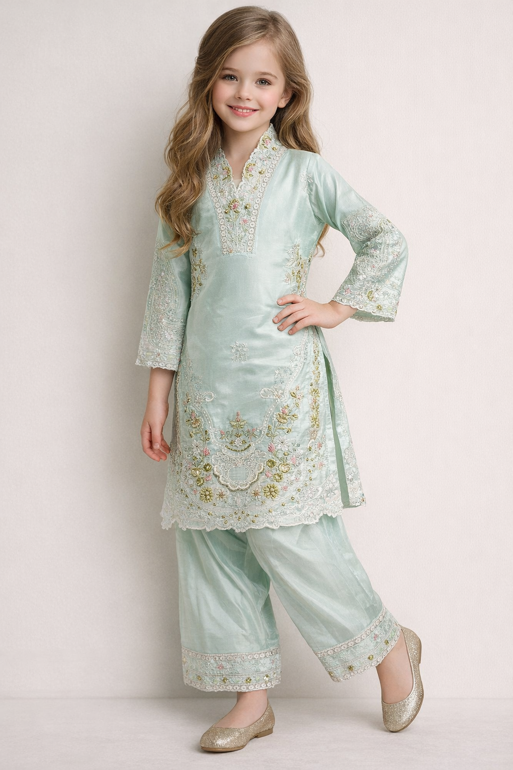 Cotton Embroidery Kurti Salwar Set 8076 Blue