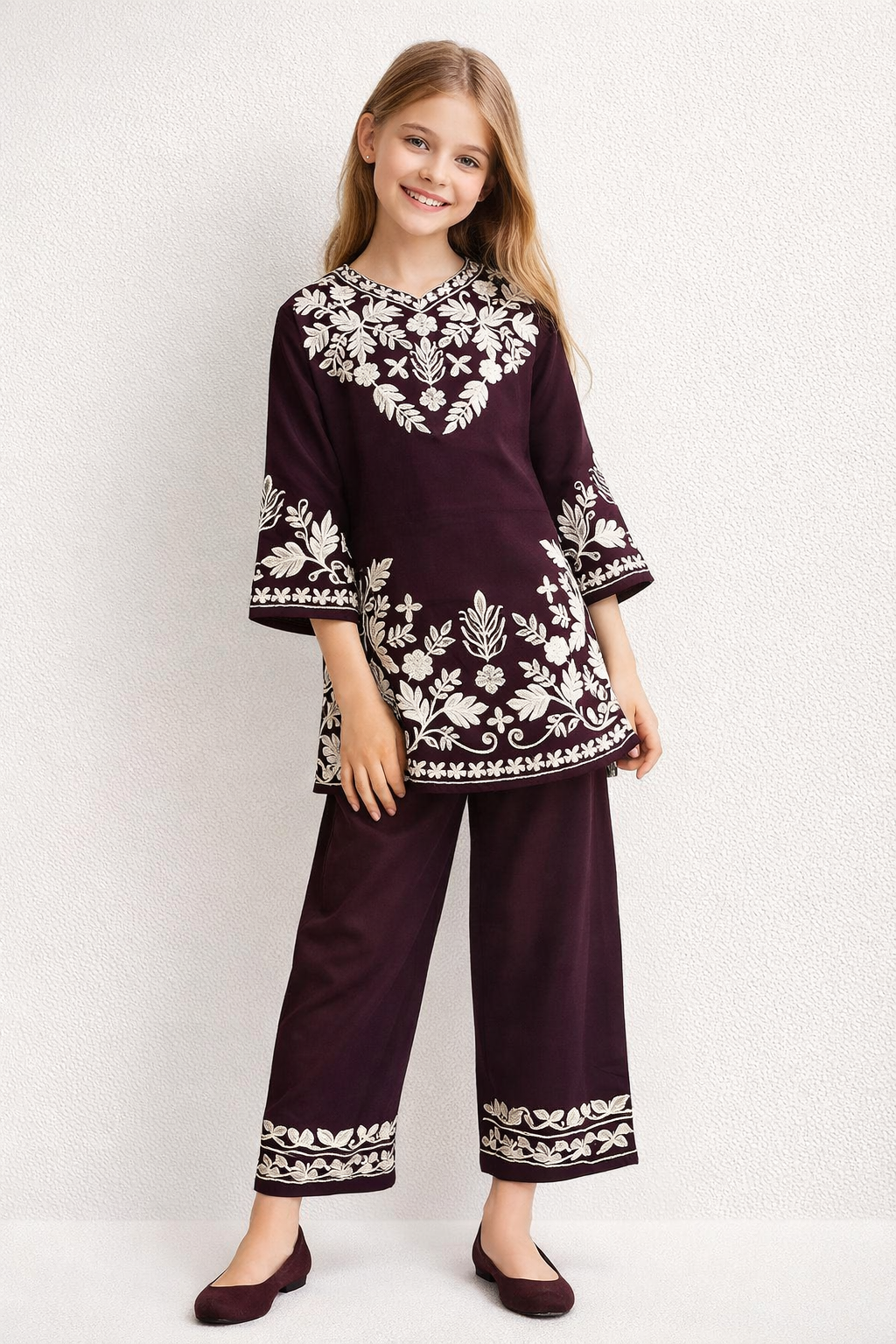 Cotton Embroidery Kurti Set 1321 Brown