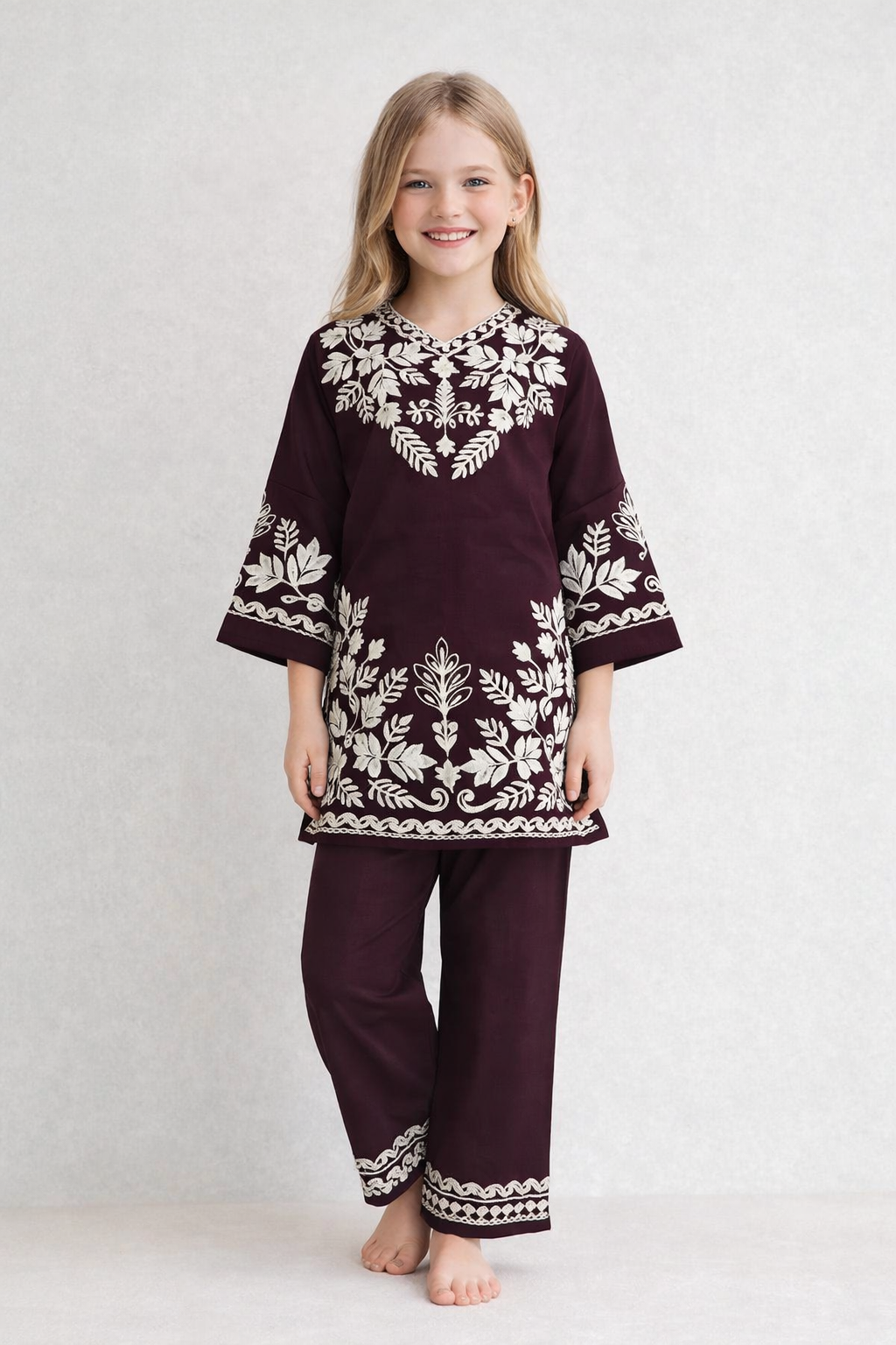 Cotton Embroidery Kurti Set 1321 Brown