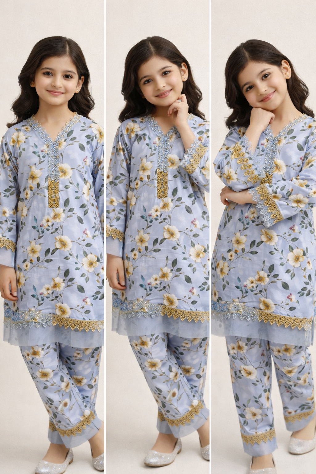 Cotton Printed Lace Work Kurti Set 1325 Sky Blue