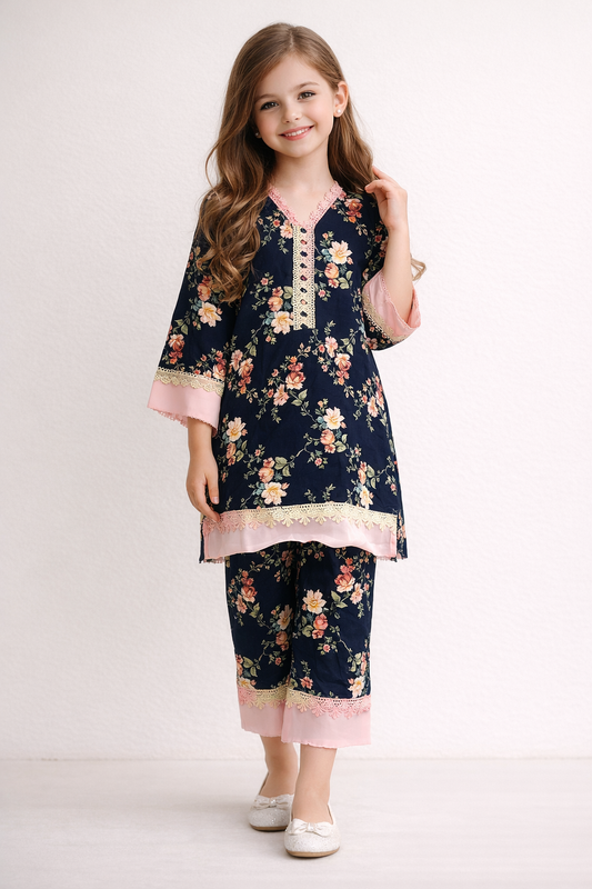 Printed Lace Work Kurti Set 1322 Black